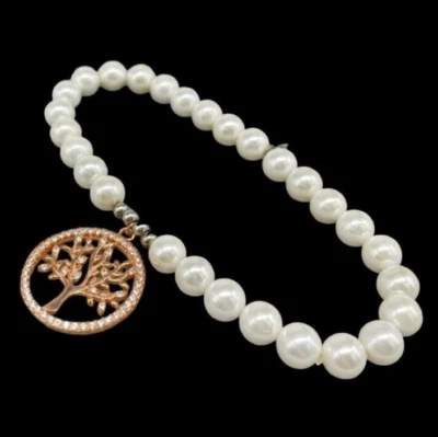 Bracciale femminile perle naturali bronzo argento 925 albero della vita elastico - Immagine 1 di 4