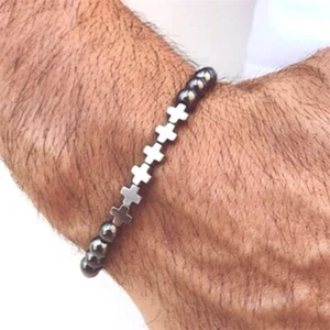 Magnetic Hematite Therapy 925 Silver Bracelet Bangle Cross Relief Practical Men - Picture 1 of 6