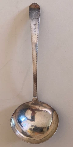 Antique 18th ? English George III Sterling Silver Ladle Etched Deer Cross Handle Cover