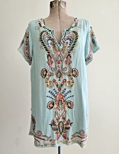 Soft Surroundings Belcaro Embroidered Beaded Short Sleeved Crepe Tunic Lined M - Picture 1 of 8