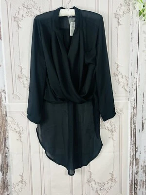 Blusa drapeada negra exuberante para mujer nueva con etiquetas, transparente, manga larga alta baja talla pequeña Foto 1 de 4