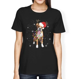 1 T-Shirt Damen locker sitzend Hund trägt Rentiergeweih und Weihnachtsmütze - Bild 1 von 5