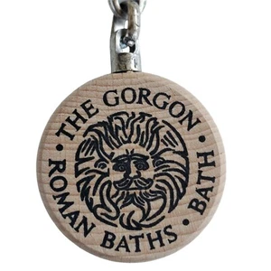 Vintage Keychain The Gorgon Roman Baths Wooden Nickel Bath Round - Picture 1 of 6