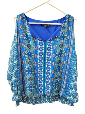 Coco Bianco Top Layered Bat Sleeve Chiffon Blue Floral Fitted Waist Womens Large - Image 1 of 4