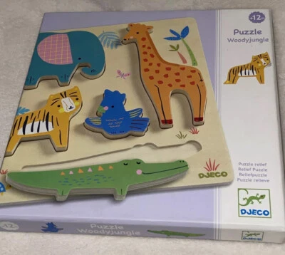 Деревянная головоломка Djeco Woody Jungle 5 предметов 12 месяцев + 5 животных джунглей - Изображение 1 из 4