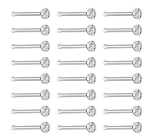 20 Piece Lot of Surgical Steel Pin Shaped Silver Nose Rings Clear 20G Studs - Picture 1 of 4