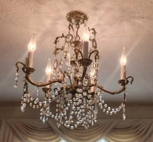 Vtg Formal Fancy Chandelier Crystal Prisims Dangling Celing Light Fixture Dining - Picture 1 of 9