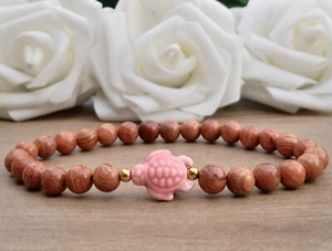 Pink Porcelain Turtle & Wood Beaded Boho Bracelet For Girls Stretchy Elasticated - Picture 1 of 7