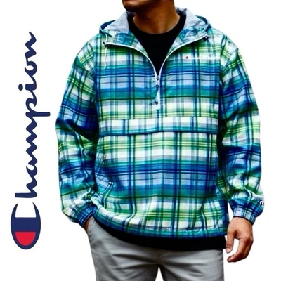 NUEVA Chaqueta cortavientos Champion verde blanco azul a cuadros con capucha para hombre talla M Foto 1 de 4