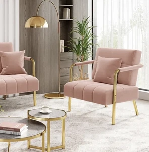 1pc Accent Chair 75.5cm Velvet Upholstered Bedroom Gold Metal Frame Cosy Pillow - Picture 1 of 5