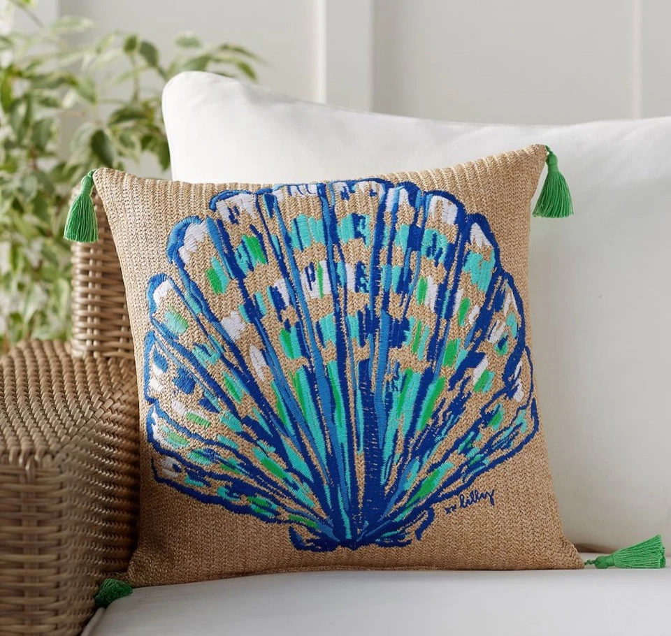 Pottery Barn Lilly Pulitzer Oh Shello Embroidered In/Outdoor Pillow Shell Woven - Image 1 of 4