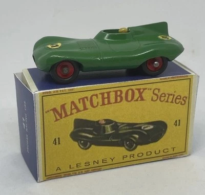 Vintage Lesney Matchbox 41 Custom Jaguar D Type With Red Hubs Nice Repro Box. - Image 1 of 4