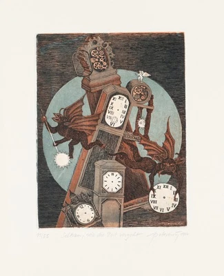 P. CROY (*1937), Zeit und Dämonen,  1977, Farbrad. Surrealismus Fantasie 1970-19 - Bild 1 von 4