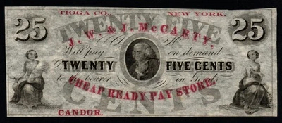 18xx 25c Tioga Co., J.W. & J. McCarty Cheap Ready Pay Store UNC Broken Banknote! - Image 1 of 2