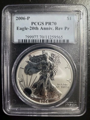2006-P REVERSE PROOF SILVER EAGLE PCGS PR70 20TH ANNIVERSARY CLASSIC BLUE LABEL  - Image 1 of 4