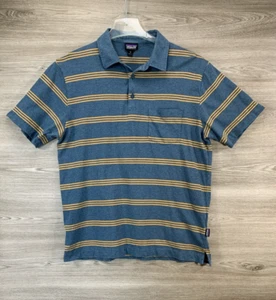 Patagonia Organic Cotton Polo Striped Blue Shirt Size Men's Medium Front Pocket - Picture 1 of 7