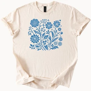 Blue Floral Tee Comfort Colors Wildflower Shirt Botanical Top - Picture 1 of 6