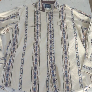 Vintage Wrangler Western Shirt Size XL Blue Tan Aztec Stripes Cowboy Pearl Snap - Picture 1 of 13