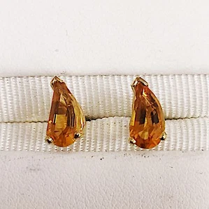 CITRINE STUD EARRINGS 14K KARAT YELLOW GOLD TEARDROP SHAPED 8 x 4 MILLIMETERS - Picture 1 of 7