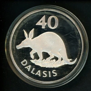 Gambia 40 Dalasis 1977 Conservation Aardvark animals PROOF Silver Coin KM 18 - Picture 1 of 2