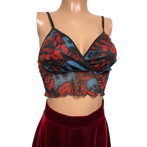 ROM PUNK Floral Skull Print L Cami Top poly mesh stretch gothic fairy grunge new - Picture 1 of 8