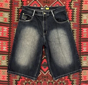 South Pole Y2K Jean Shorts Size 36 Baggy Skater Shorts Yellow Tab Dark Wash - Picture 1 of 14