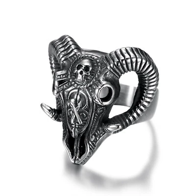 Cross Spear Axe Totem Ram Skull Ring Stainless Steel Tribal Skull Punk Cool Ring - Image 1 of 4