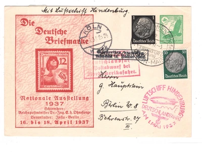 GERMANY Zeppelin 1937 HINDENBURG *FINAL FLIGHT* Card Koln DROP MAIL Berlin KZ252 - Image 1 of 4