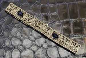 VINTAGE E.I.F. CO. ART DECO FILIGREE BRACELET-2-DARK BLUE STONES & 1 SMALL CLEAR - Picture 1 of 12