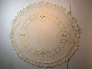 Unbleached Cotton Round Flower Basket Embroidered Table Cloth - Picture 1 of 11