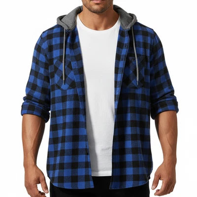 Chaqueta camisa de franela con capucha para hombre acolchada forrada a cuadros con botones abrigo térmico Foto 1 de 4