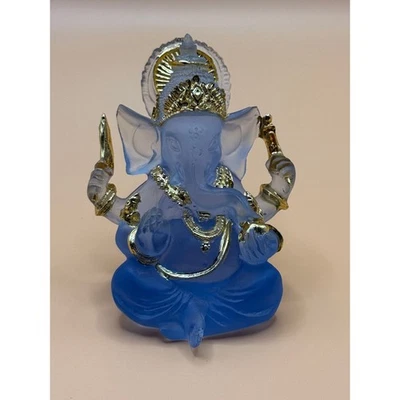 Blue Frosted Glass Ganesha Statue Hindu God Elephant Deity Sculpture Decor - Image 1 of 3