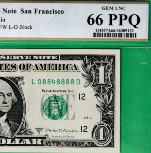 $1  Federal Reserve note LUCKY 8's  08848888  Serial Numbers PCGS 66 - Image 1 of 3
