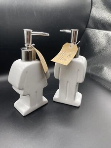 His & Hers White Ceramic Soap Dispensers Plastic Pump Top 7.5X2X3 Bath Decor NWT - Picture 1 of 8