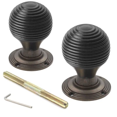 Black Antique Wooden Beehive Door Knob Handle Brass Rim Mortice Pair New Set - Image 1 of 3