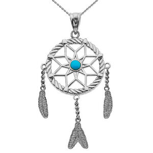 Solid 10k White Gold Turquoise Stone Flower Dream Catcher Pendant Necklace