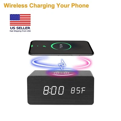 LED Desk Alarm Clock with Wooden Finish, Thermometer, and Qi Wireless Charge - Image 1 of 4