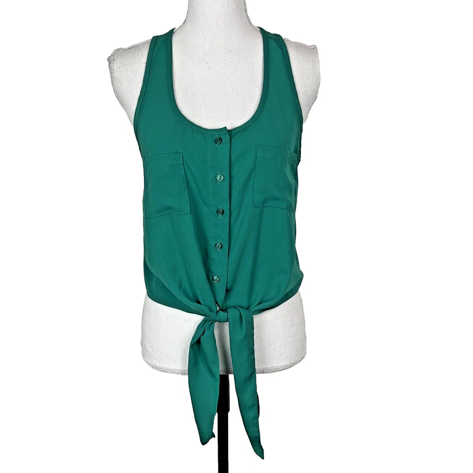 Camiseta sin mangas Sarah Bentley para mujer mediana verde cuello redondo abotonada lazo cintura recortada Foto 1 de 4