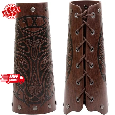 Brazaletes Vikingos Brazaletes de Cuero Medieval en Relieve Cuero de Lobo Guardabrazos Puño... Foto 1 de 4