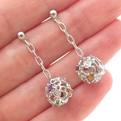 925 Sterling Real Amethyst Topaz Peridot Citrine & Garnet Ball Dangle Earrings - Image 1 of 4