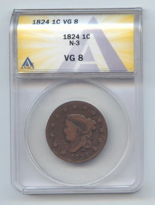 1824 Coronet Head Large Cent, Newcomb-3, ANACS VG-8 - Image 1 of 2