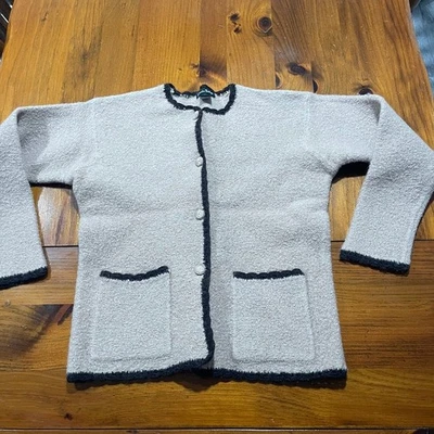 Cárdigan Alexandra Bartlett Crema 100% Lana Botón Bolsillo Negro Borde Talla Pequeña Foto 1 de 3