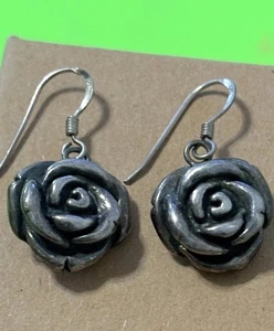 Vintage Puffy HEARTS Sterling Silver Dangling 3D HEART 925 Earrings - Picture 1 of 3