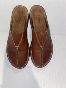 L L Bean Brown Leather Slides Mules Flats Walking Comfort Shoes Women's Size 8 - Picture 1 of 9