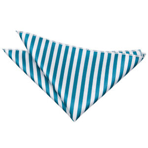 White & Teal Woven Thin Stripe Pocket Square Handkerchief Hanky by DQT