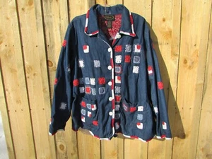 Alex Kim Blue Denim Red White Crochet Accents Long Sleeve Blazer Buttons Size 1X - Picture 1 of 6