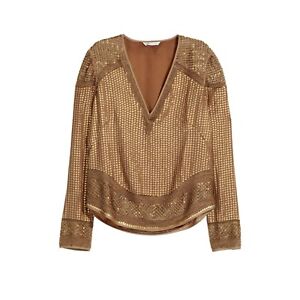 H&M Sequined Beaded Embroidery Two Tone Long Sleeve V-neck Blouse With Open Back