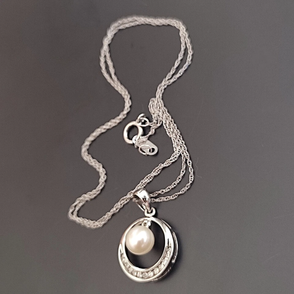 Vtg VAHAN 10K White Solid Gold Necklace Pendant Diamonds Crescent Pearl Circle  - Image 1 of 4