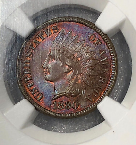 1880 NGC MS65+ RB CAC Gem Toned Indian head Cent 1c ~ Gorgeous High Grade Penny