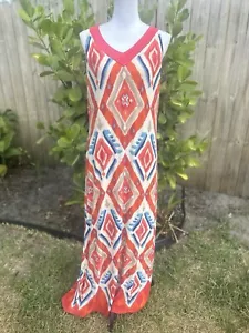 Chico's Maxi Dress Size 2 Or US Large Orange Ikat Print Stretchy Jersey Knit - Picture 1 of 7
